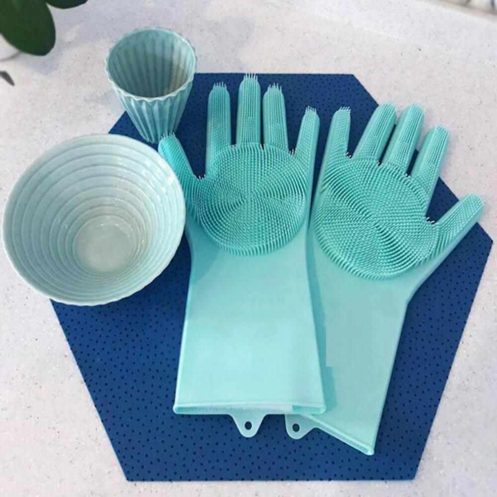 Multipurpose Silicone Gloves with Scrubber Blue