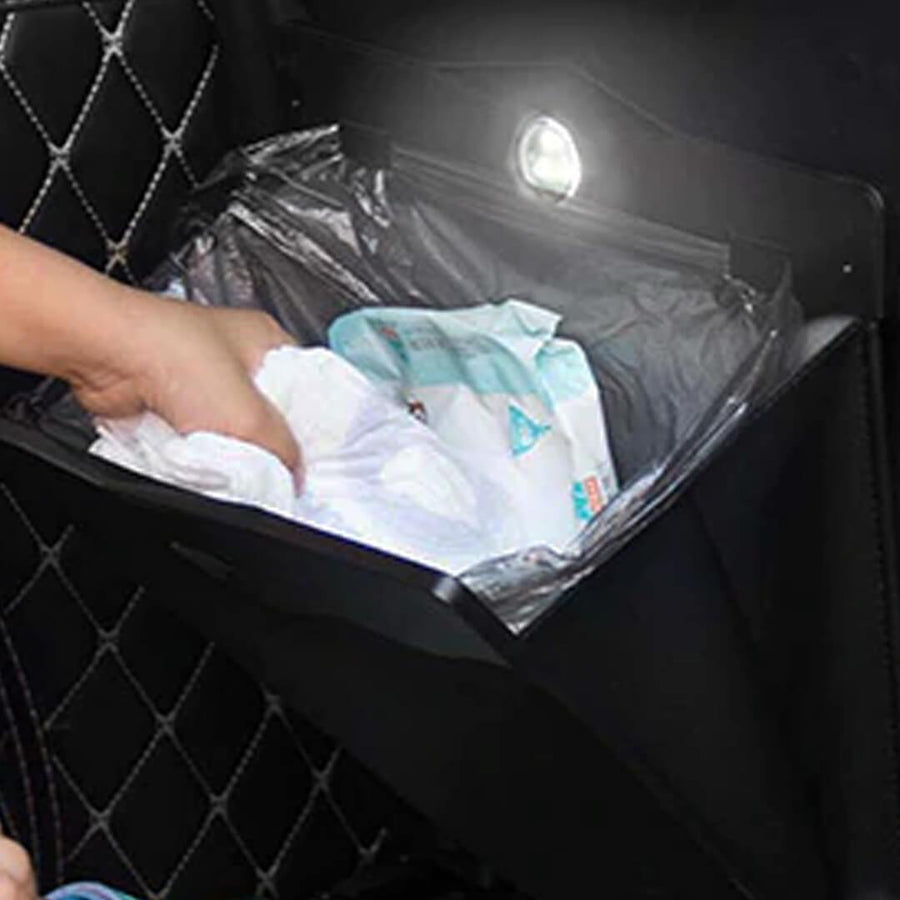 large car trash bag holder and organizer with LED light & magnets clip on - Foldable Car Storage Bag