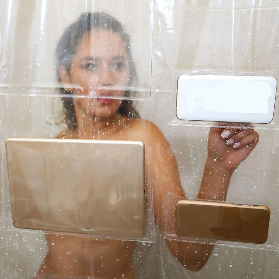 Incorporate the Phone and Tablet Holding Shower Pocket Curtain into your bathroom