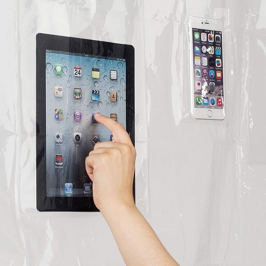 Incorporate the Phone and Tablet Holding Shower Pocket Curtain into your bathroom Iphone Ipad