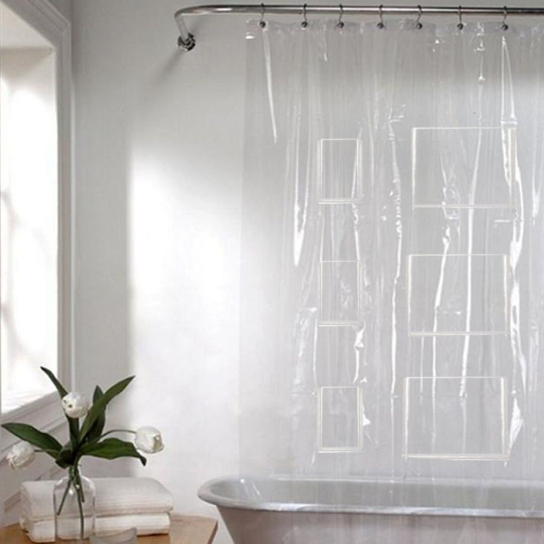 Incorporate the Phone and Tablet Holding Shower Pocket Curtain into your bathroom Apple Iphone Ipad